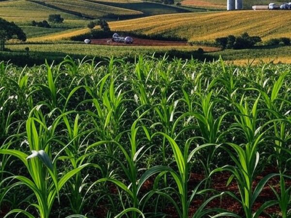 Paisagem de agricultura familiar no Brasil, com campos cultivados e elementos de comércio, representando impulso do acordo Mercosul-UE.