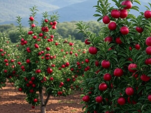 Pomar de macieiras no Brasil com frutas maduras, representando safra recorde de 1,35 milhão de toneladas.