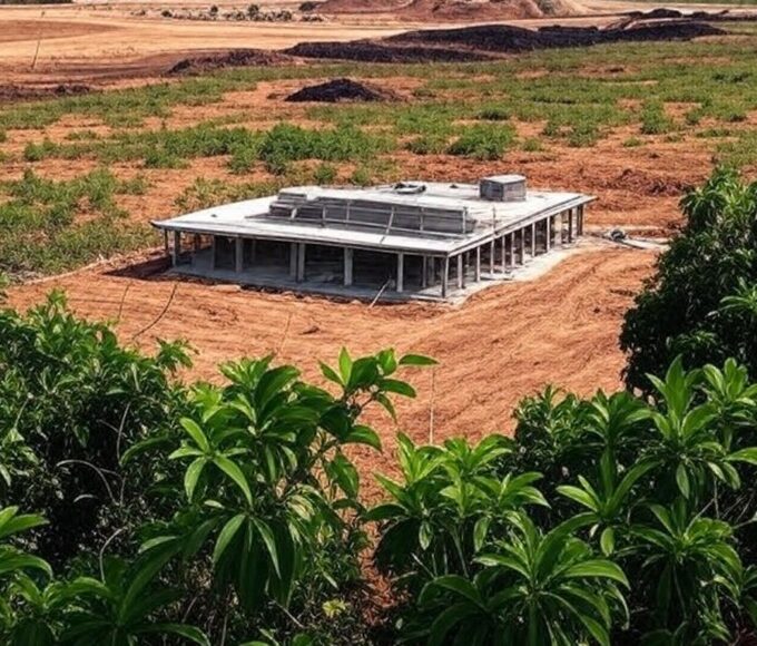 Terreno agrícola no Tocantins com preparativos para montagem de entreposto da Castrolanda, paisagem de savana e equipamentos de construção.