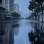 Rua inundada por chuvas intensas e temporais em cidade brasileira, com céu nublado e poças d'água.