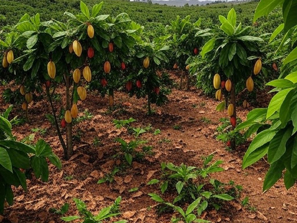 Plantação de cacau na Bahia, Brasil, ilustrando superávit global de 287 mil toneladas para safra 2025/26 projetado pela StoneX.