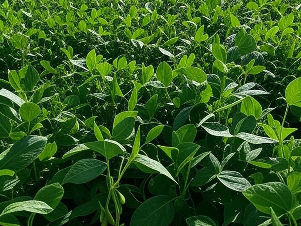 Plantação de soja verde e extensa no Brasil, sob céu claro, representando safra recorde projetada para 2025/26 com clima favorável.