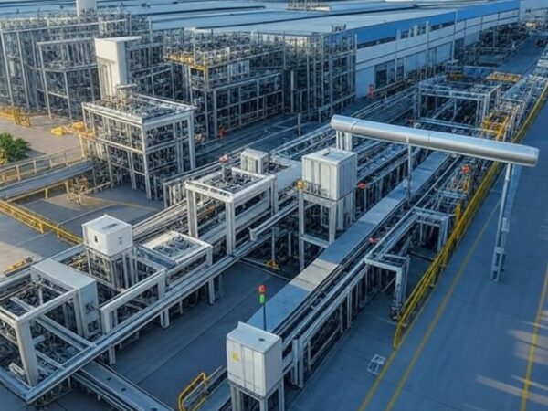 Fábrica industrial no Brasil representando expansão do Plano Mais Produção e lançamento do Brasil Soberano.