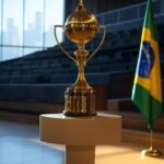 Troféu dourado de premiação com bandeira brasileira ao fundo, simbolizando indicações do Brasil nos Critics Choice Awards 2026.