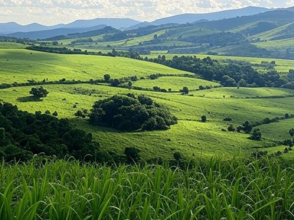 Paisagem brasileira com chuvas isoladas sob massa de ar quente em 2024, estilo fotojornalístico.