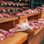 Açougue em mercado brasileiro com carnes expostas, ilustrando importação sem tarifas no México para combater inflação.