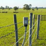 Cerca elétrica com sensores IoT em fazenda de pecuária no Brasil, destacando tecnologias para redução de falhas.