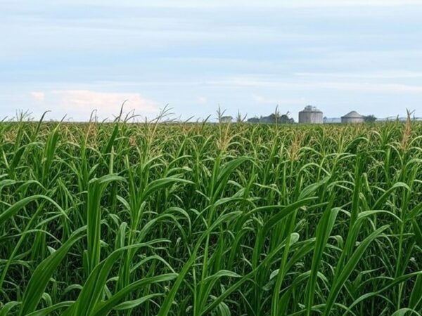 Plantação de milho no Brasil com silos ao fundo, representando venda pela Conab via ProVB para pequenos criadores.