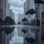 Chuva intensa de até 100 mm em rua de cidade brasileira durante avanço de frente fria, com nuvens escuras e poças d'água.