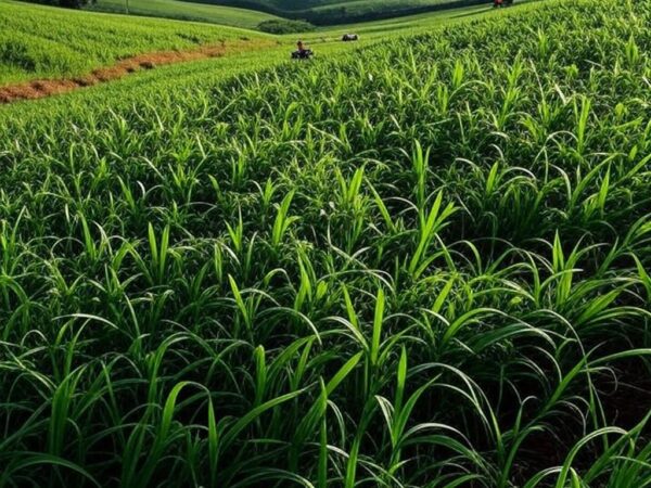Plantação de soja e cana em São Paulo, ilustrando superávit de US$ 23,1 bilhões no agronegócio em 2023.