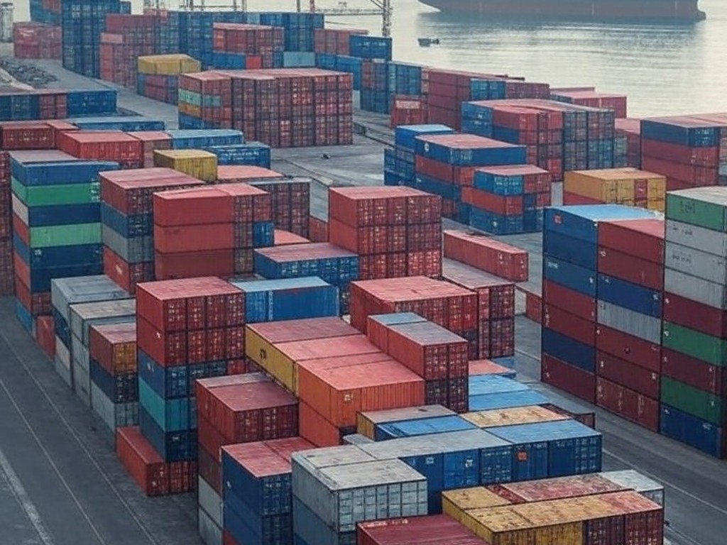 Porto brasileiro com contêineres e navio de carga, ilustrando impacto de tarifas dos EUA nas exportações do Brasil.