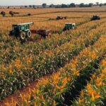 Fazenda inovadora no Mato Grosso com campos cultivados e equipamentos modernos, elevando faturamento agrícola.