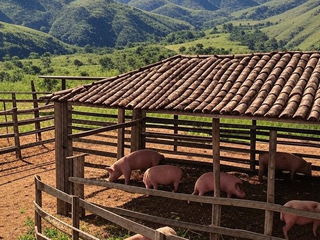 Paisagem rural da Serra da Canastra com fazenda e curral de porcos, representando tradição de mutirão para abate.