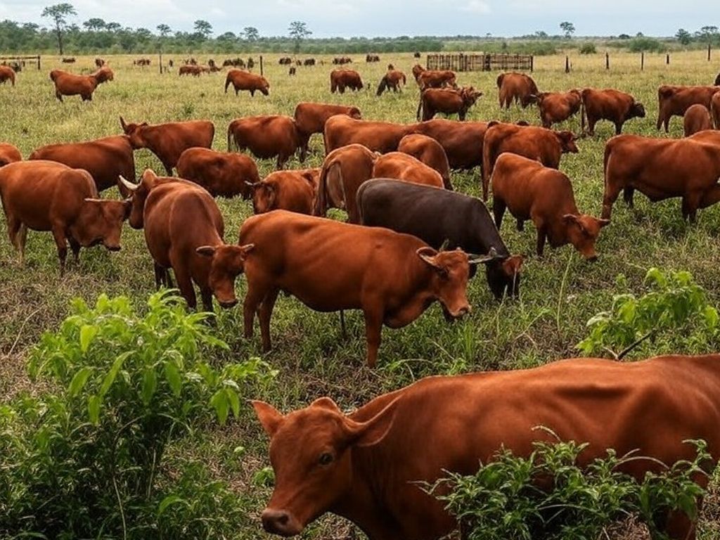 Rebanho de bois em pastagem pantaneira de Mato Grosso do Sul, ilustrando queda no preço da arroba do boi gordo.