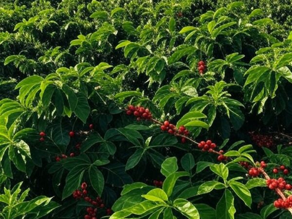 Plantação de café em Minas Gerais, Brasil, com frutos vermelhos maduros em arbustos verdes.