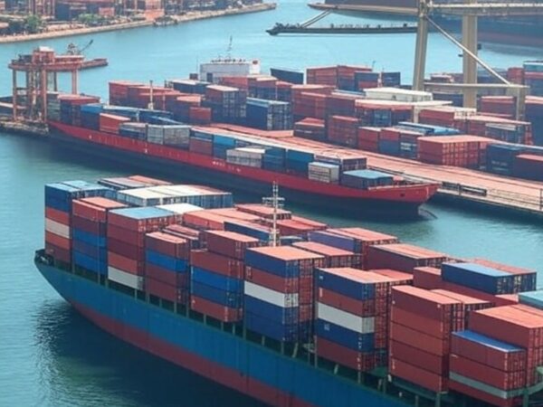 Porto brasileiro com navios e contêineres representando recorde de exportações de US$ 348,7 bilhões em 2025.