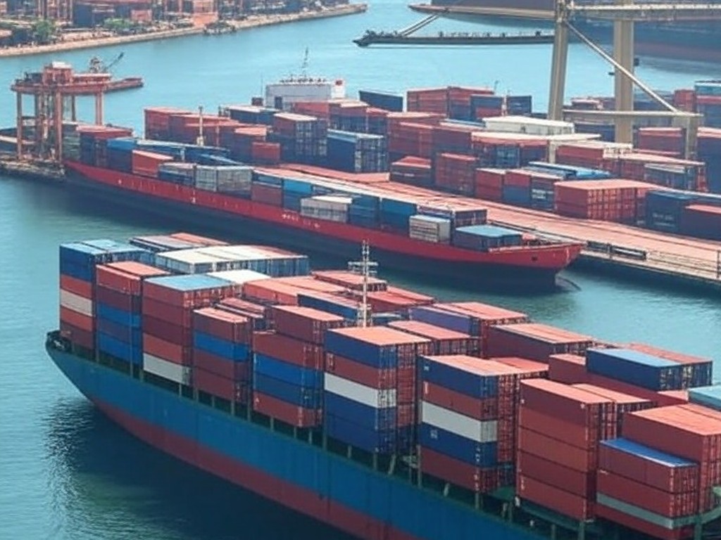 Porto brasileiro com navios e contêineres representando recorde de exportações de US$ 348,7 bilhões em 2025.