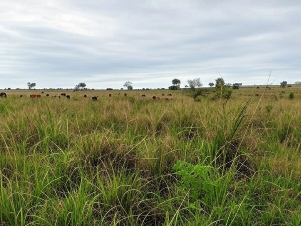 Pastagem no Cerrado brasileiro com mistura de capins irregulares, afetando produtividade da pecuária, gado ao fundo.