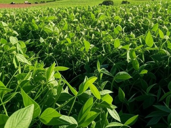 Plantação de soja e milho no Brasil, com campos verdes extensos e relevo plano, representando safra 2025/26.