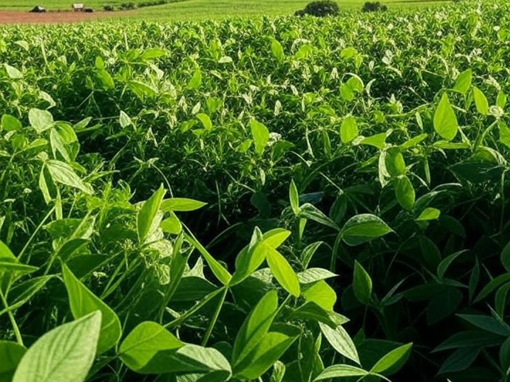 Plantação de soja e milho no Brasil, com campos verdes extensos e relevo plano, representando safra 2025/26.