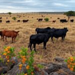 Fazenda de pecuária no Brasil com poucos gados em pastagem seca, ilustrando escassez e alta de preços em 2026.