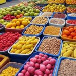 Feira de alimentos no Brasil com frutas, vegetais e grãos, ilustrando declínio no índice de preços da FAO em janeiro.
