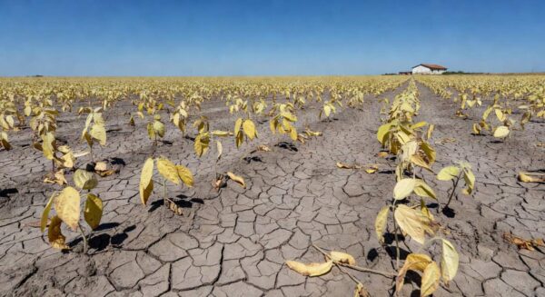 Plantação de soja seca no Rio Grande do Sul, afetada por seca e calor, reduzindo produtividade.