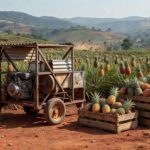 Plantação de abacaxi em Minas Gerais com máquinas de sucata impulsionando exportações para Taiwan.