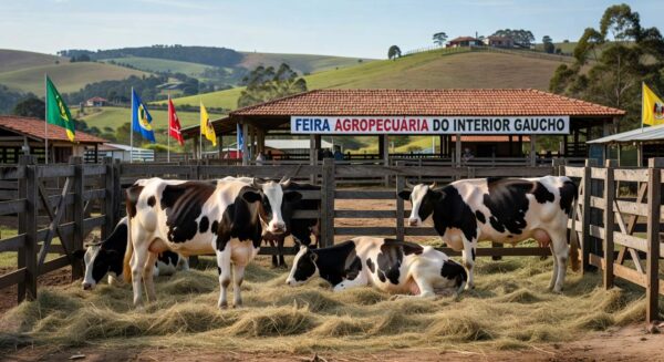 Vacas da raça Holandesa em pavilhão de exposição agropecuária no Rio Grande do Sul, Brasil, durante campeonato na Expoagro Cotricampo.