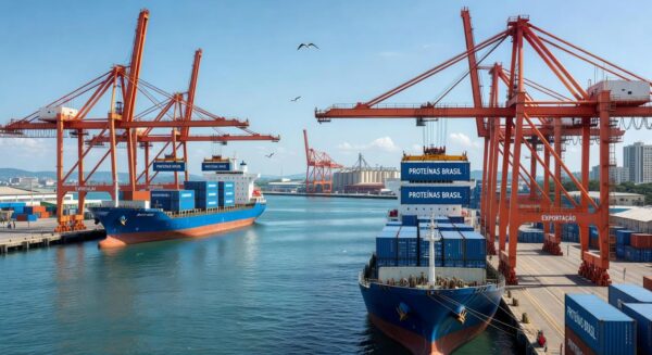 Porto brasileiro com navios de carga e contêineres para exportação de proteínas ao Oriente Médio, em meio a tensões no Mar Vermelho.