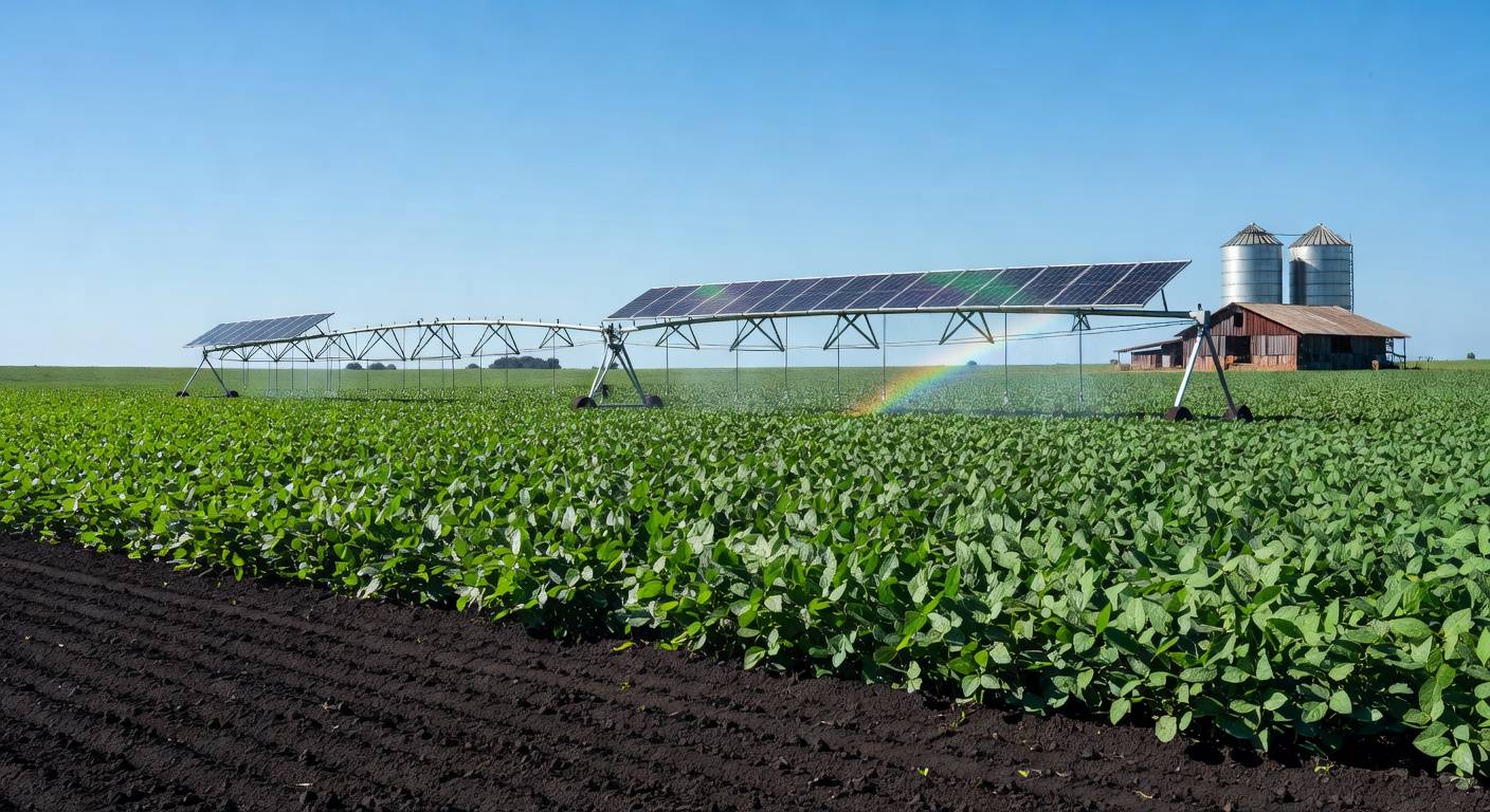 Plantação de soja sustentável em Cascavel, Paraná, com campos verdes e equipamentos ecológicos.