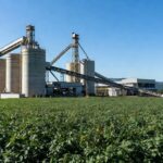 Instalação industrial de esmagamento de soja em Ponta Grossa, com campos de plantação ao fundo.