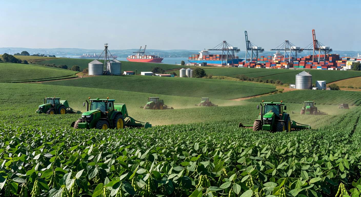 Campos de soja em São Paulo com porto de exportação ao fundo, representando crescimento de 167% nas exportações para China em 2023.