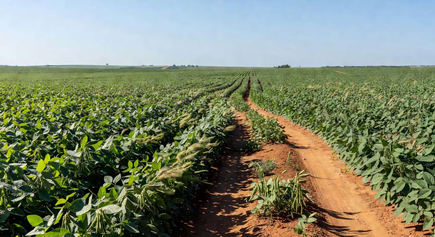 Plantação de soja no Brasil, com campos verdes extensos no Centro-Oeste, representando nova tecnologia agrícola.
