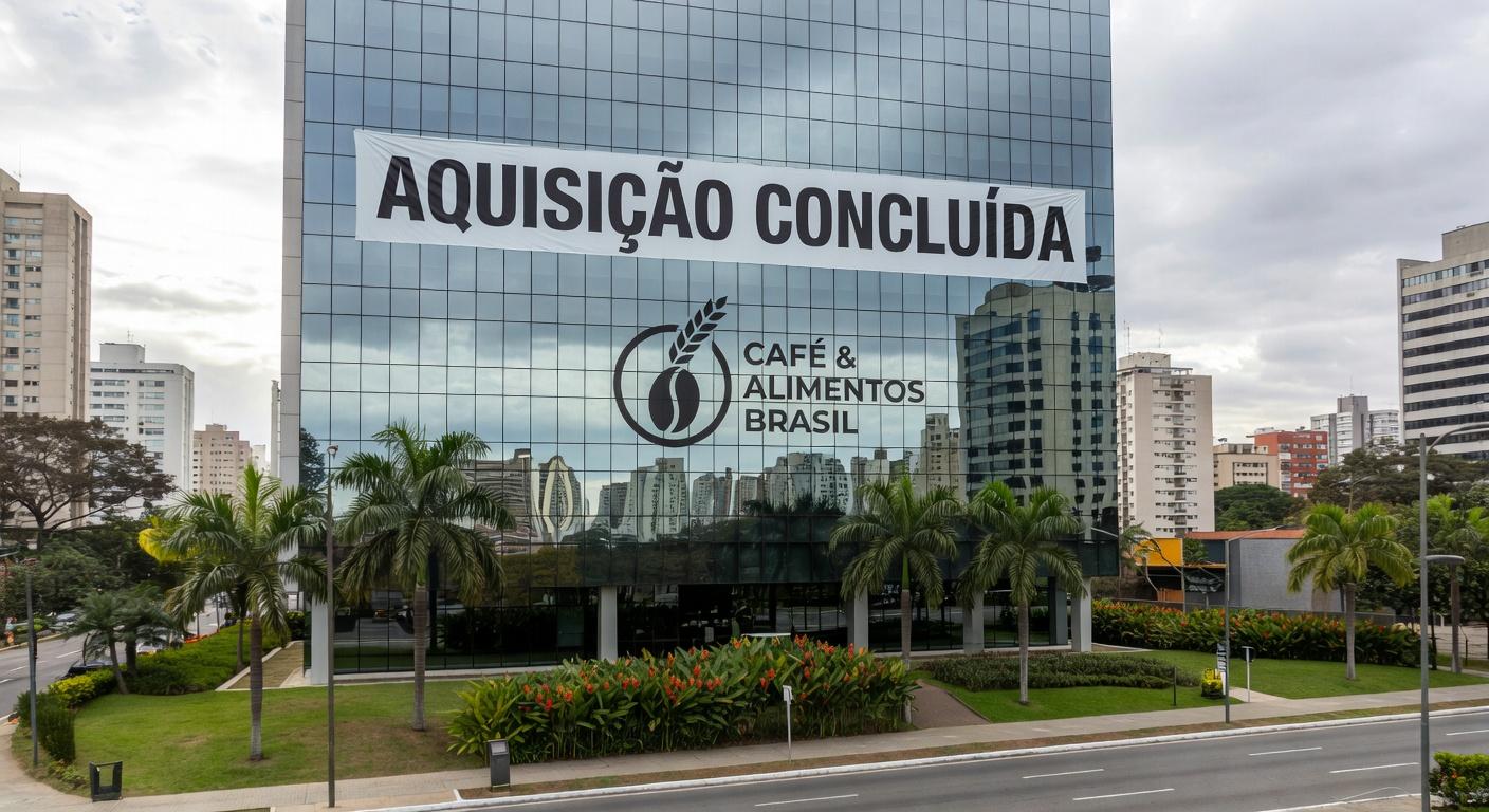Edifício corporativo em São Paulo representando aquisição do Grupo 3corações das operações da General Mills no Brasil por R$ 800 milhões.