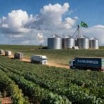 Plantação de soja no Brasil com silos e caminhões, representando regras e negociações com China.