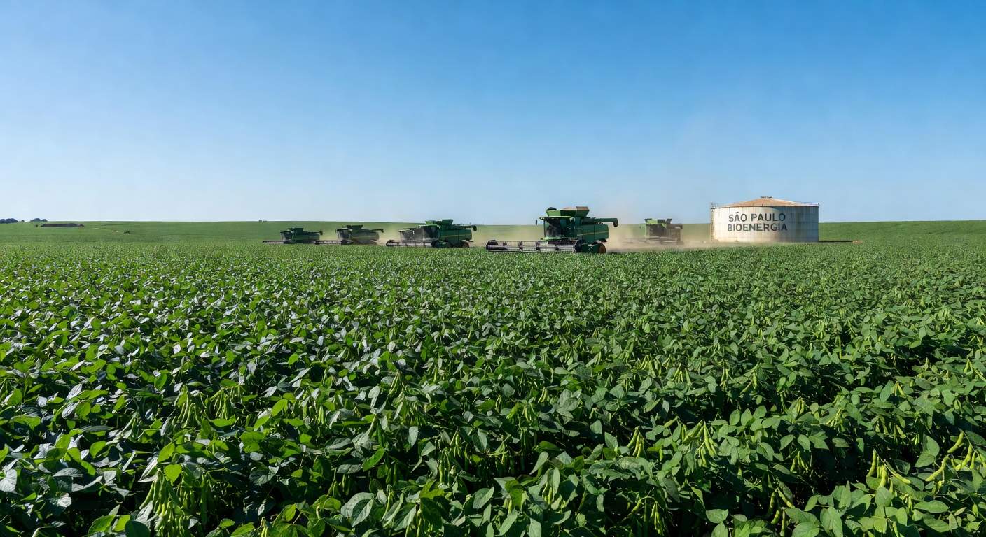 Plantação de soja no Brasil representando autossuficiência em biodiesel com recursos nacionais.
