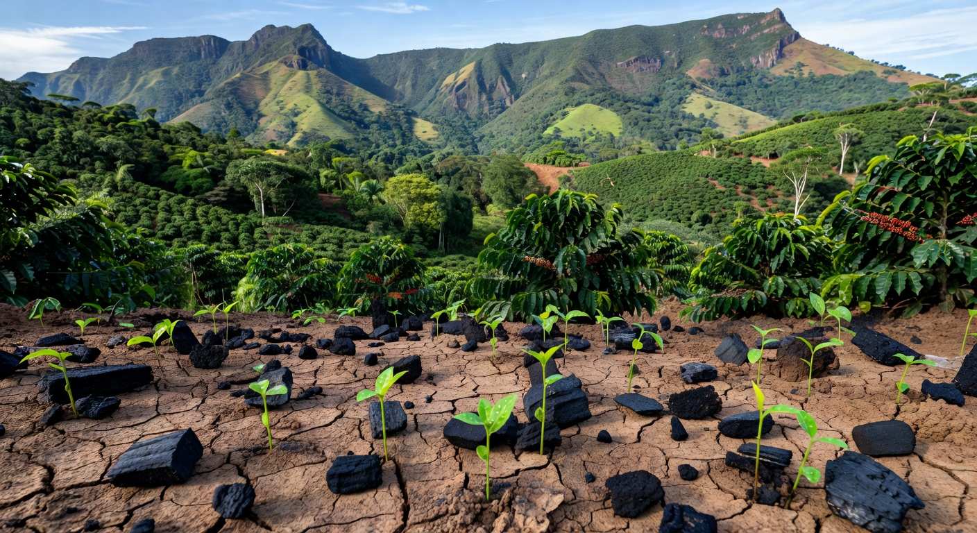 Paisagem de área degradada em Brejetuba, ES, sendo recuperada com biochar para restauração ambiental.