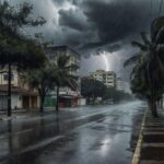 Nuvens de tempestade sobre cidade brasileira, com chuva intensa e raios, representando alertas do Inmet para o Brasil.