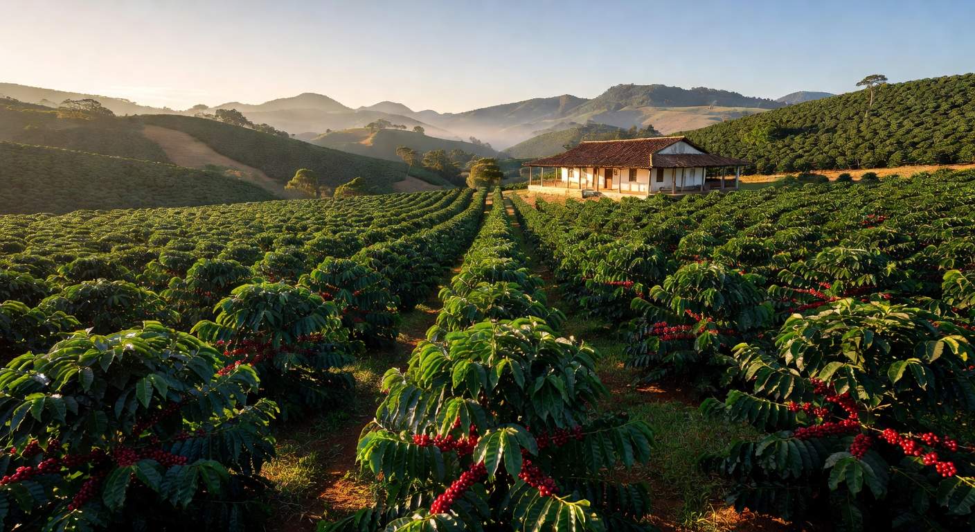 Plantação de café em Minas Gerais, Brasil, representando a cafeicultura nacional sem generalizações sobre trabalho degradante.