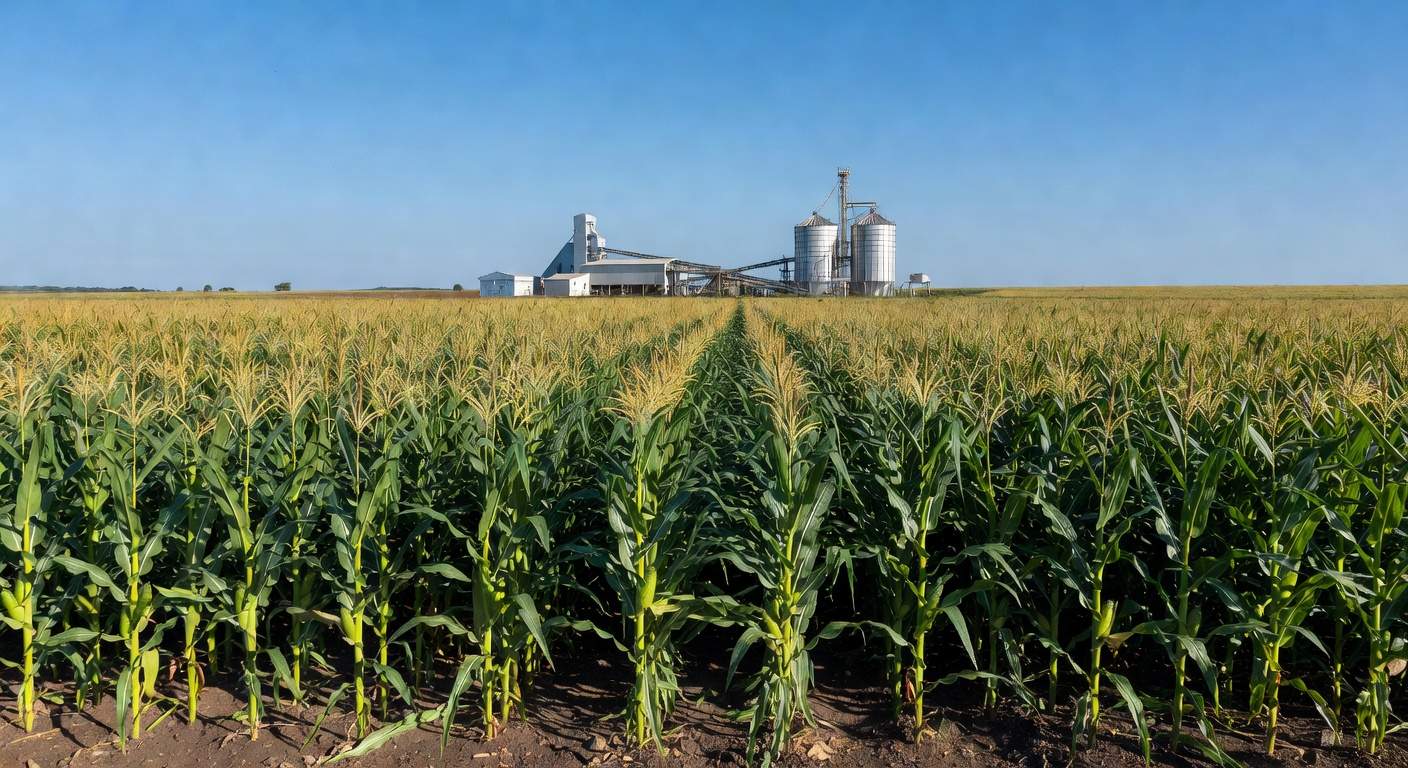 Plantação de milho em Ituiutaba com estruturas industriais ao fundo, representando ampliação de produção de sementes.