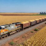Trem de carga da VLI Logística transportando grãos em ferrovia no Brasil, recorde de 23 milhões de toneladas em 2025.