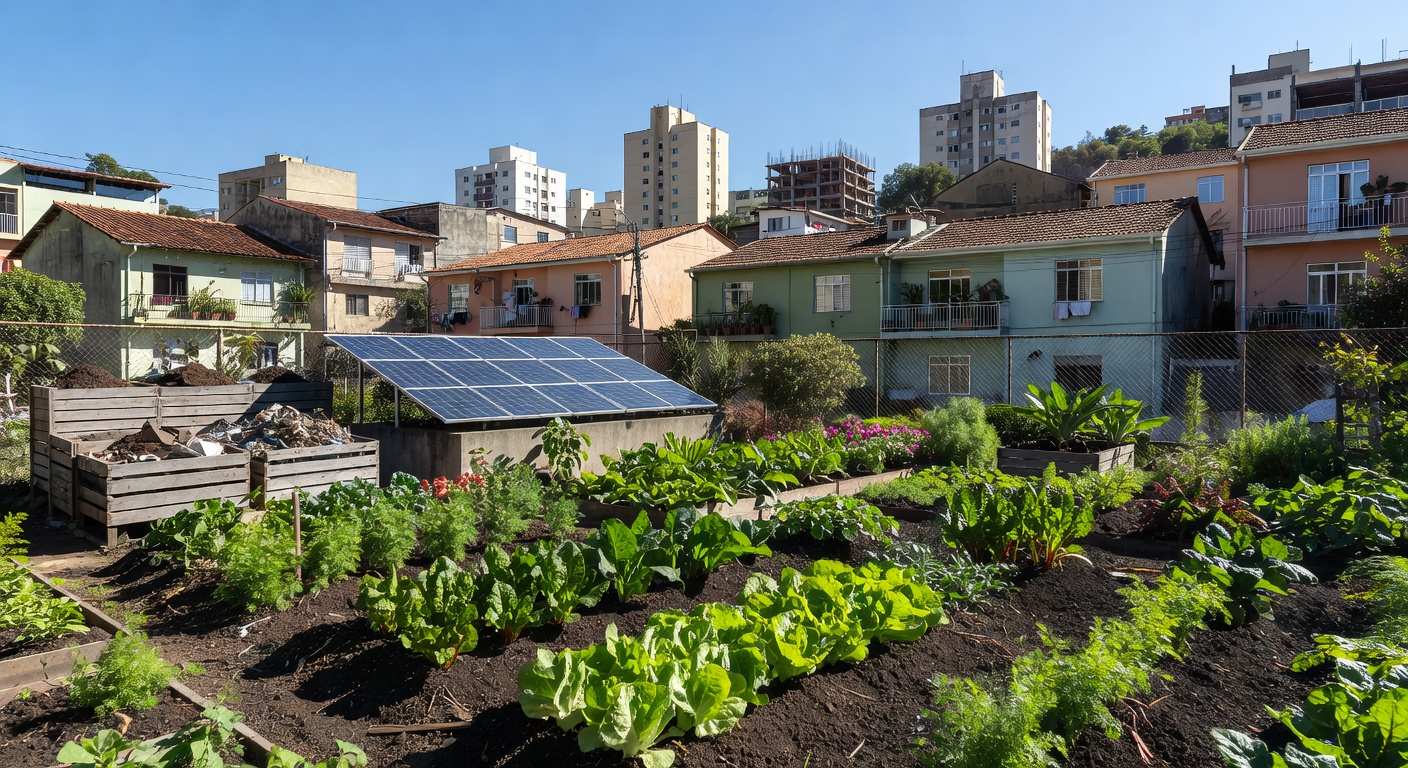 Horta das Corujas em terreno revitalizado na zona norte de São Paulo, com vegetais orgânicos e elementos sustentáveis.