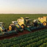 Máquinas agrícolas em lavoura de soja no Brasil