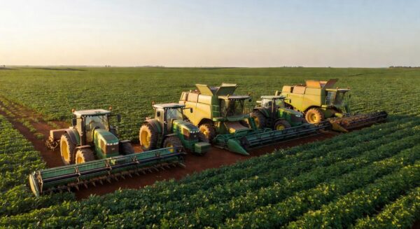 Máquinas agrícolas em lavoura de soja no Brasil
