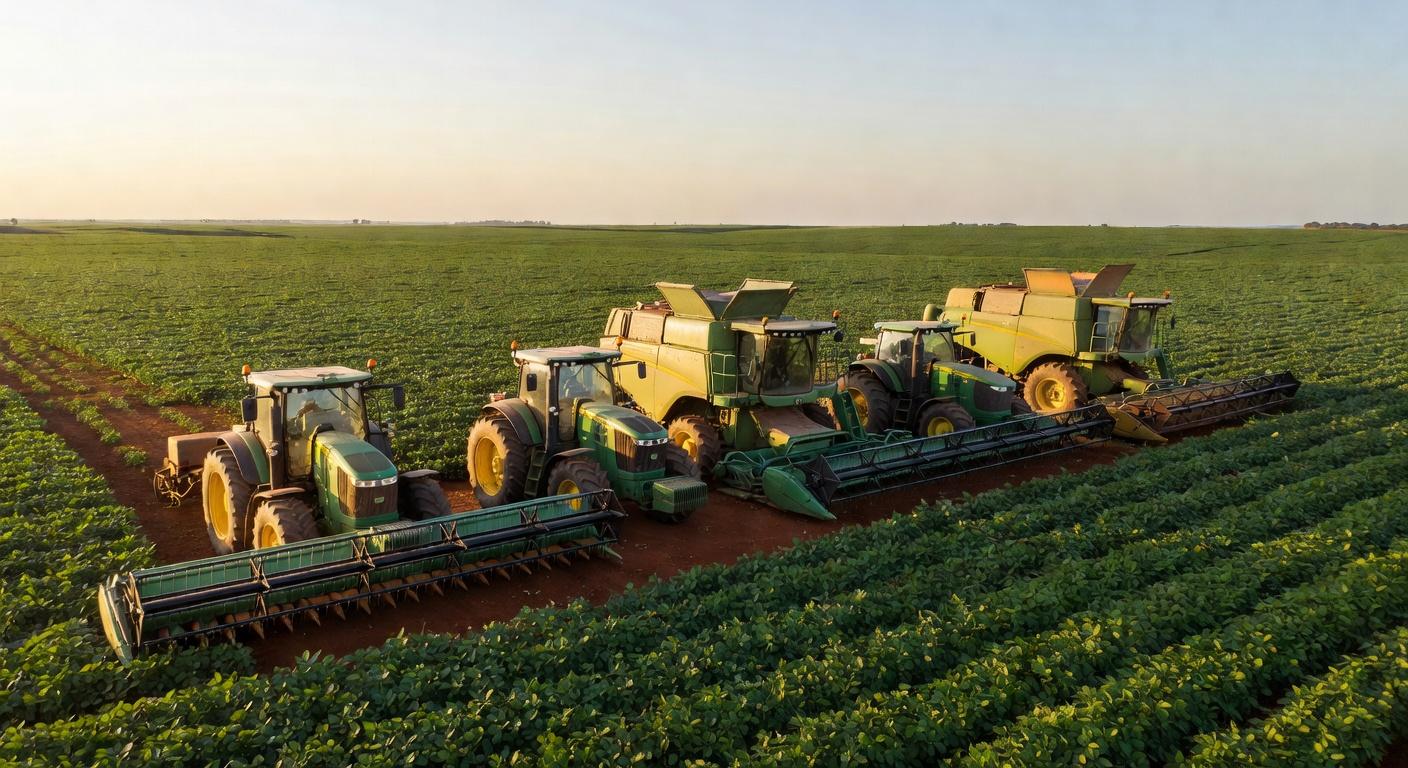 Máquinas agrícolas em lavoura de soja no Brasil