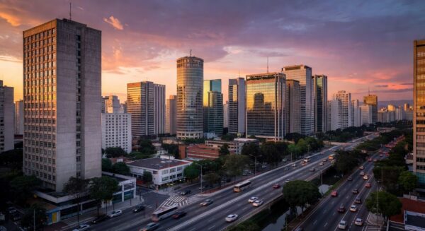 Skyline de São Paulo representando complexidade para negócios no Brasil.