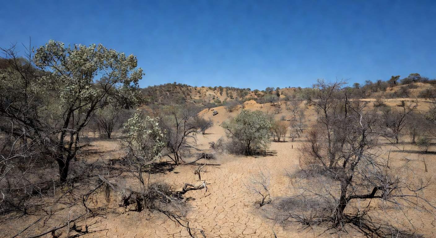 Paisagem seca do interior do Nordeste com caatinga sob calor intenso