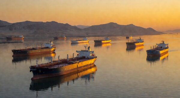 Navios petroleiros no Estreito de Ormuz em imagem fotojornalística