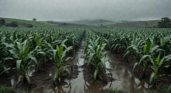 Lavouras de milho encharcadas por chuvas persistentes no Sul do Brasil